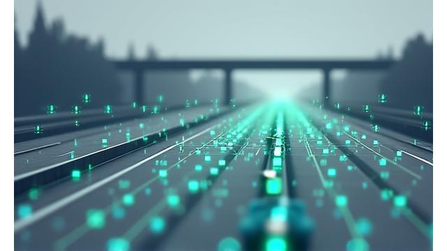 Representación abstracta de bloques de blockchain interconectados sobre una carretera, simbolizando la transparencia en el cobro de peajes.