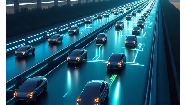 Representación de vehículos comunicándose entre sí y con la infraestructura vial mediante tecnología V2X para telepeaje inteligente.