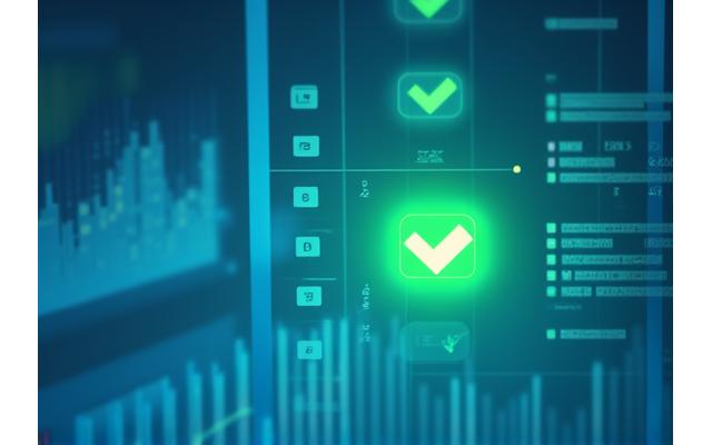Representación visual de un checklist digital con un puntero que indica el progreso, sobre un fondo con símbolos de regulación y datos.