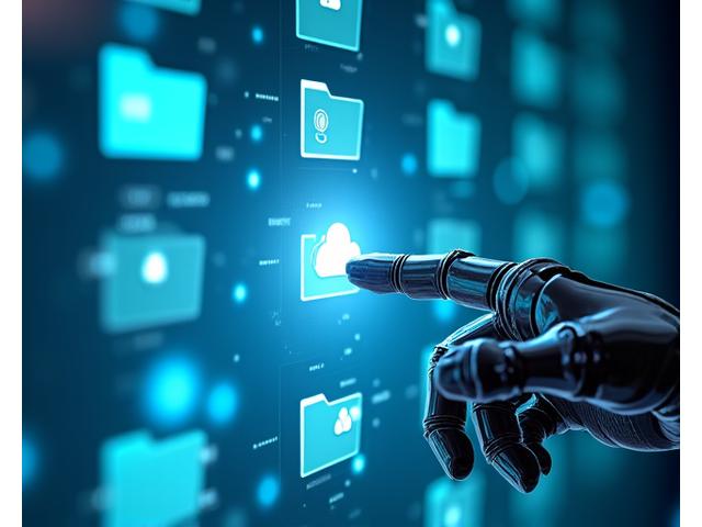 Una interfaz de gestión de documentos en una pantalla, con carpetas digitales, íconos de nube y una mano digital que organiza archivos.