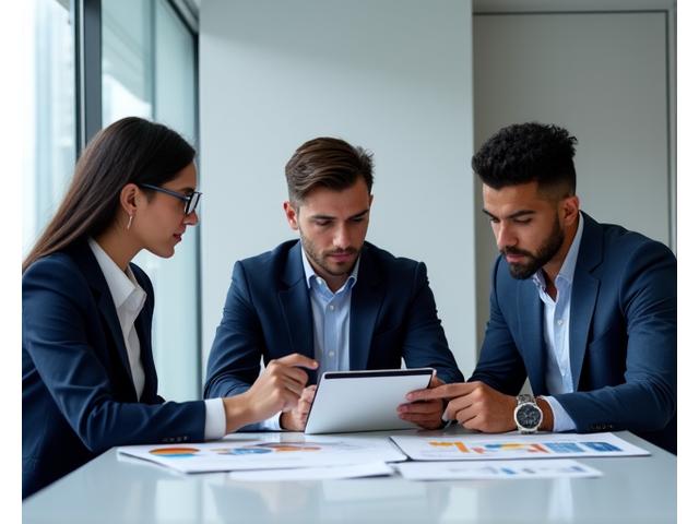 Un grupo de profesionales conversando en una sala de reuniones, representando asesoría especializada, con gráficos y documentos en la mesa.