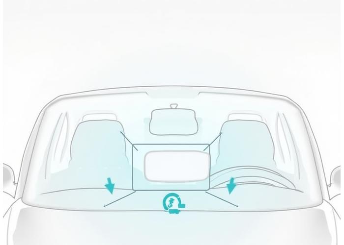 Diagrama interactivo de un parabrisas de coche mostrando la posición ideal para un tag de telepeaje, con indicaciones claras.