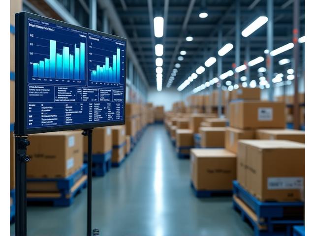Almacén automatizado con cajas moviéndose en bandas, con una pantalla mostrando indicadores clave de rendimiento.