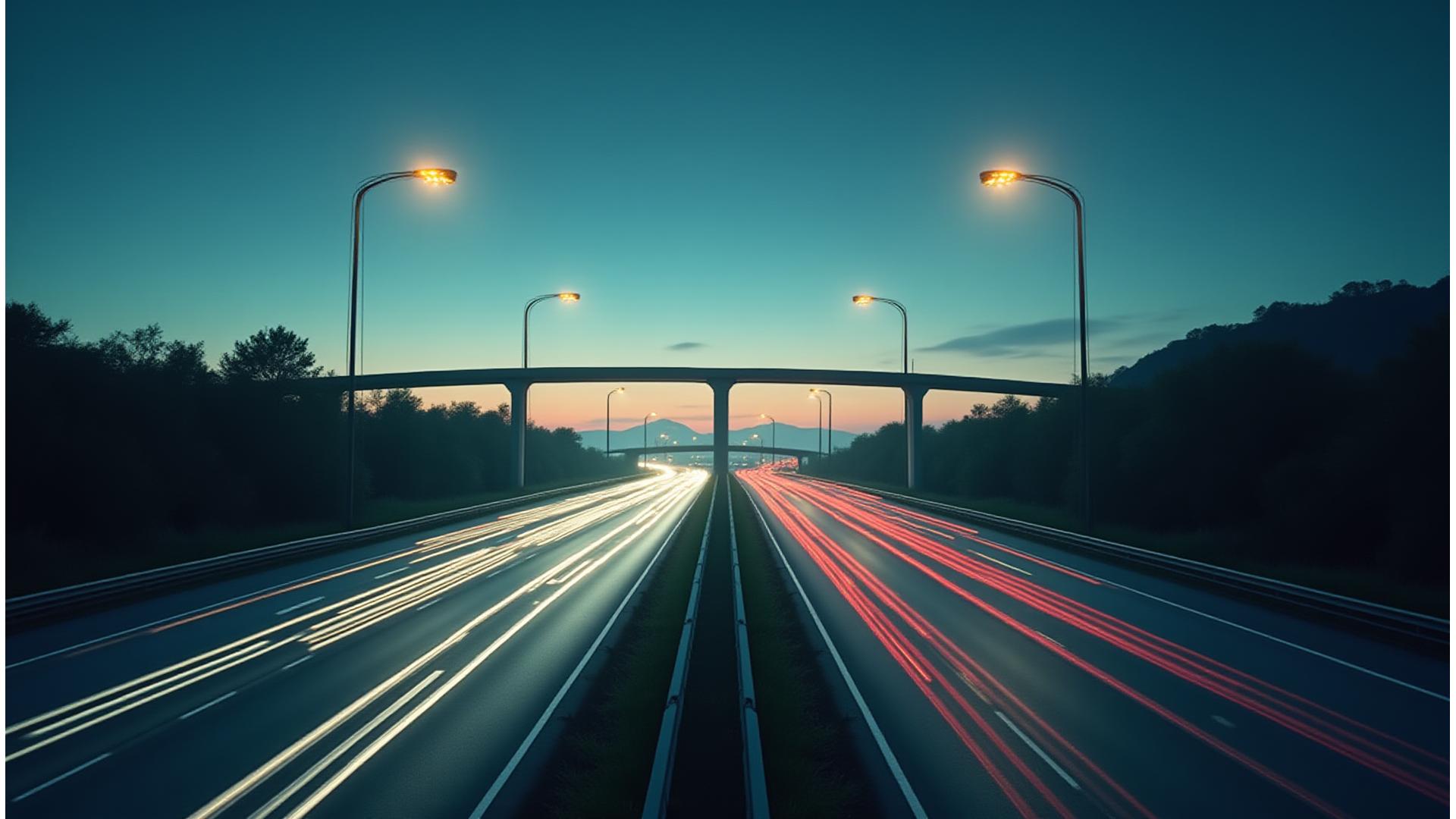 Autopista moderna con carriles de telepeaje iluminados al anochecer, señalando progreso y eficiencia.
