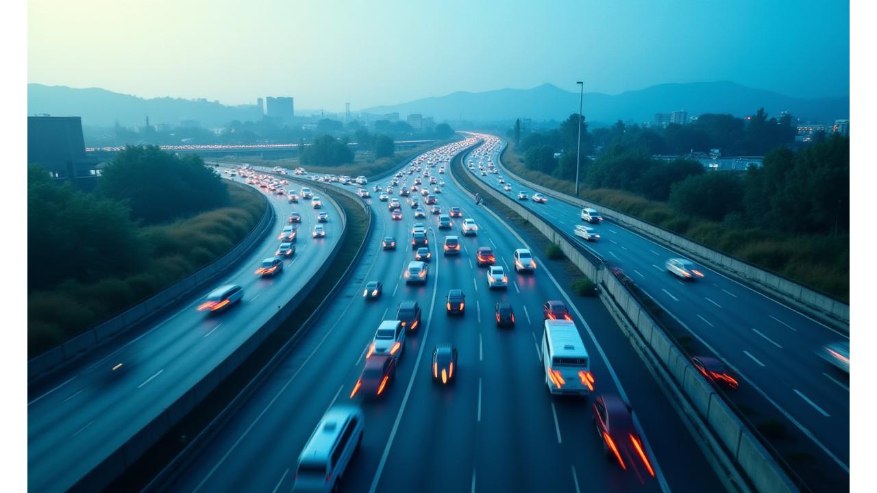 Vista aérea de una autopista mexicana con Tags de Telepeaje transparentes superpuestos, simbolizando la facilidad del tránsito.