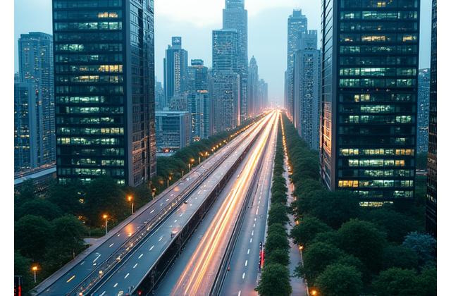 Vista aérea de una ciudad inteligente futurista con flujos de tráfico optimizados por tecnología.